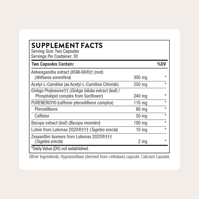 THORNE - Memoractiv - Nootropic Brain Supplement for Focus Cognitive Function Creativity &amp Concentration* - Ashwagandha Caffeine Acetyl-L-Carnitine &amp More - Gluten-Free Dairy-Free - 60 Ca