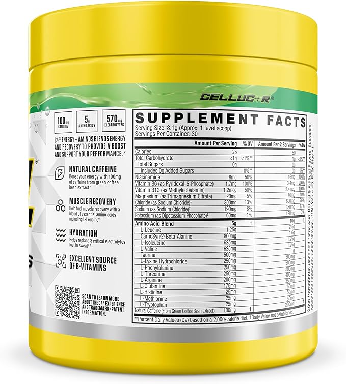 C4 Energy + Aminos Powder Jolly Rancher Green Apple 5g BCAAs &amp EAAs for Muscle Recovery 3 Electrolytes for Hydration 100mg Natural Caffeine Pre Workout Zero Sugar 30 Servings