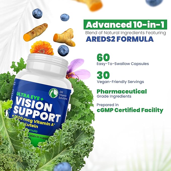 Vision Support Eye Vitamins for Macular Health | Supplements with Lutein Zinc Vitamin A &amp Bilberry | Areds 2 Formula for Red &amp Dry Eyes | Blue Light &amp Eye Strain Support for Adults 60 C