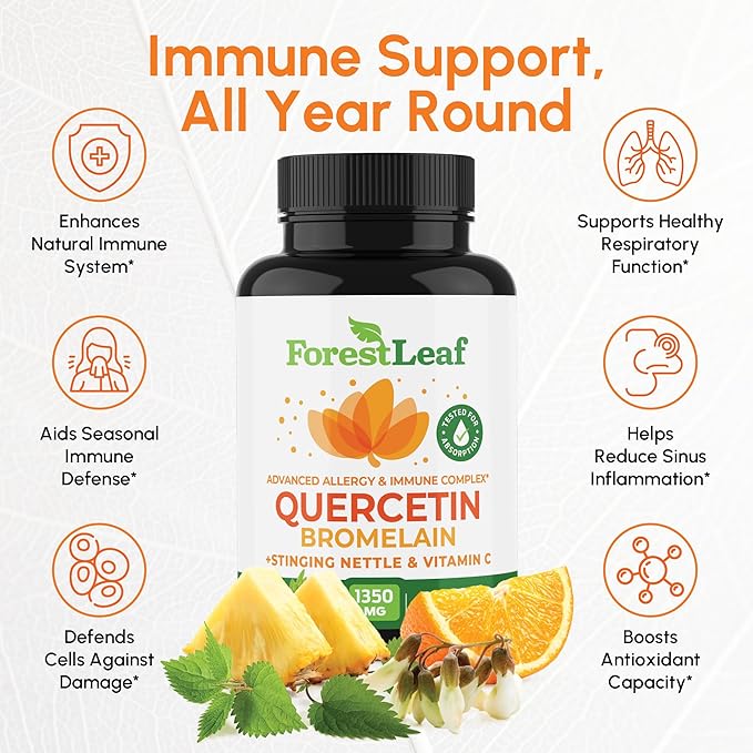 ForestLeaf Quercetin with Bromelain - 1350mg Blend with Vitamin C &amp Stinging Nettle Advanced Quercetin 500mg Supplement Non-GMO Gluten Free Natural Immune &amp Respiratory Function 180 Veggie