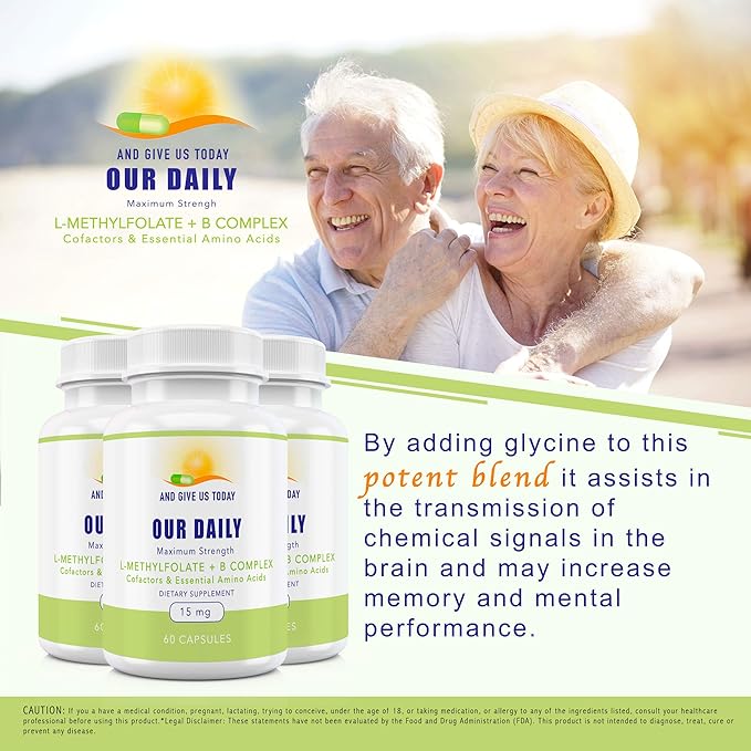 Our Daily Vites L-Methylfolate B Complex Cofactors &amp Essential Amino Acids (15mg) - Active Folate Methylated B12 Methylcobalamin B6 and Glycine - 60 Count