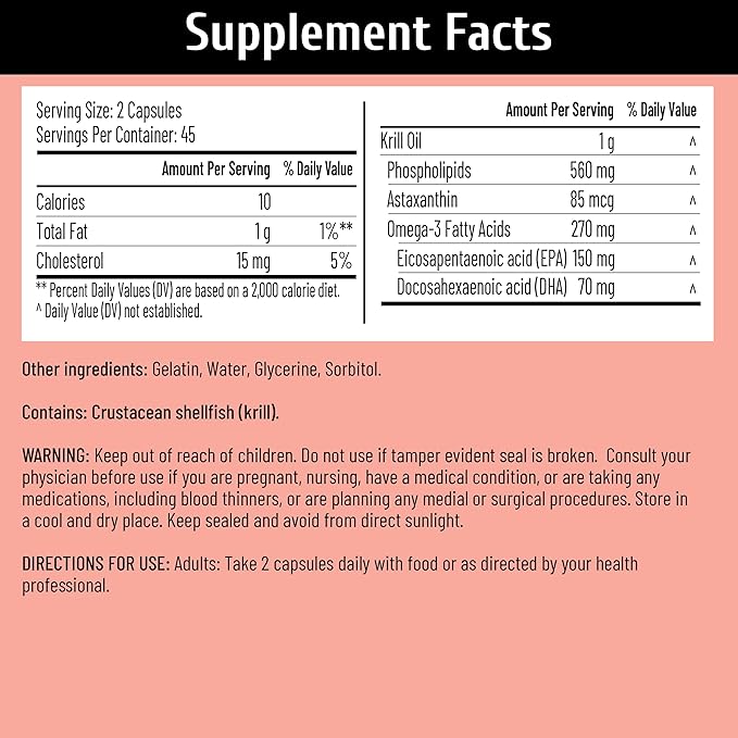 Antarctic Krill Oil 500mg 56% Phospholipids with Superba™ Krill Oil Astaxanthin &amp Omega-3s 500mg Easy-to-Swallow Softgels No Fishy Burps 90 Count