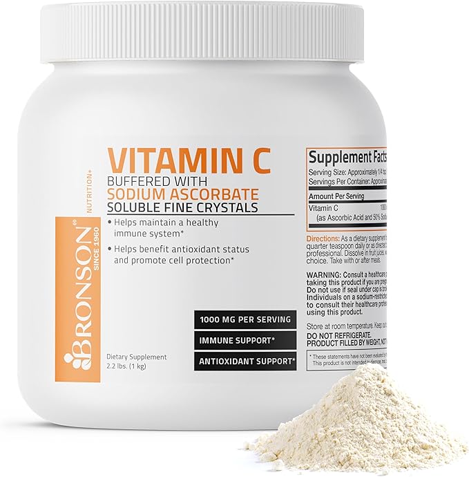 Bronson Buffered Vitamin C Powder Ascorbic Acid Buffered with Sodium Ascorbate Soluble Fine Crystals – Promotes Healthy Immune System and Cell Protection – Powerful Antioxidant - 1 Kilogram (2.2 Lbs)