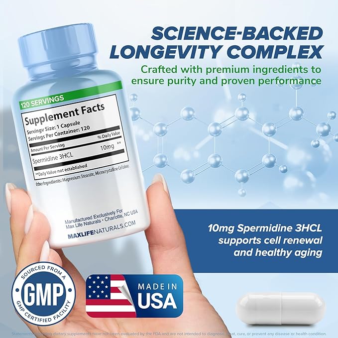 Pure Spermidine Supplement with Trihydrochloride 3HCL 10mg - 120 Capsules - Spermidine Supplements for Women for Brain Vitality Cell Repair Anti Aging Supplement for Men Longevity Supplements