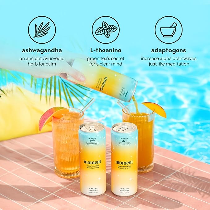 Moment Botanical Soda Soft Drink (Shark Tank) - SPARKLING Drinks | Mango Glow | L-Theanine &amp Ashwagandha for Calm &amp Clarity | 0 Added Sugar 0 Caffeine | 12-pack