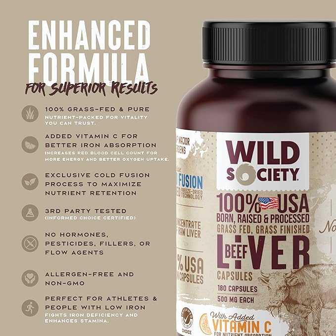 WILD SOCIETY - USA Grass Fed Beef Liver Capsules - 3000mg Max Strength for Energy Stamina Natural Detox Hair &amp Nail - Non GMO Allergen Free Beef Liver Supplement - 180 Desiccated Capsules
