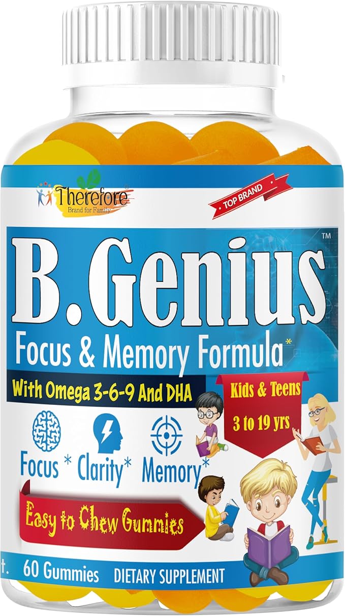 B.Genius Focus Gummies for Kids &amp Teens – Kids Focus and Attention Supplements – Memory &amp Concentration –Plant-Based Focus Supplement for Clarity Learning &amp Cognitive Health-60ct
