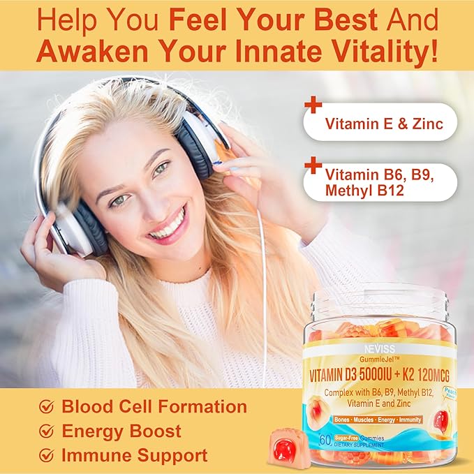 Vitamin D3 5000IU + K2 (MK-7) 120mcg Sugar-Free Vitamin D3 K2 Filled Gummies with Vitamin B Complex - Methyl B12 B9 B6 | Vitamin E &amp Zinc MCT Oil - Supports Bone &amp Teeth Strength Immune