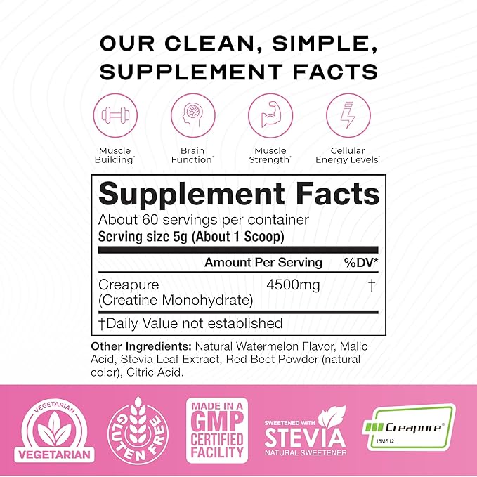 Muscle Feast Creapure Creatine Monohydrate Powder Vegan Keto Friendly Gluten-Free Easy to Mix Muscle Recovery Supplement Creatine for Muscle Growth Flavored Creatine Natural Watermelon 300g