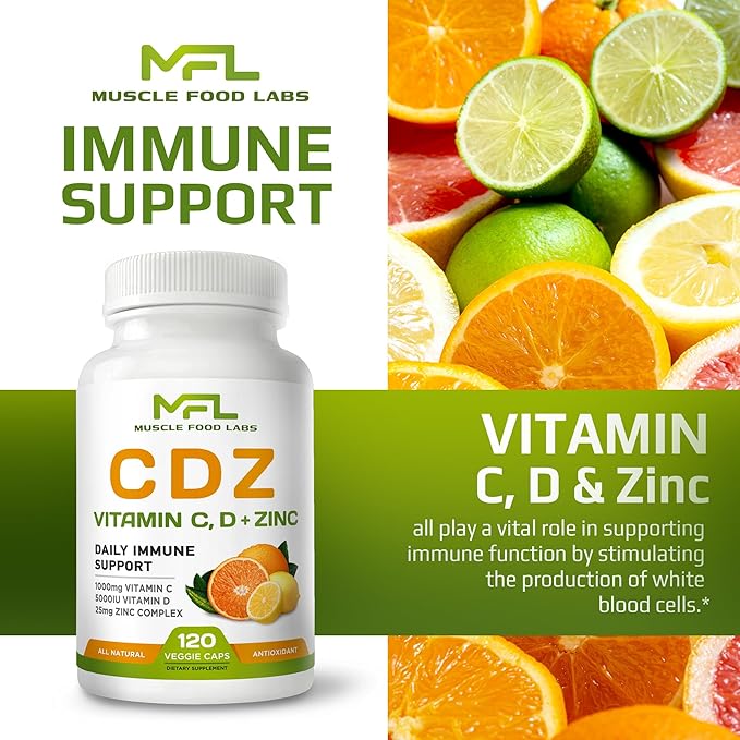 | C D Z | Vitamin C 1000mg | Vitamin D3 125mcg | Zinc 25mg | Non-GMO &amp Gluten Free | 120 Vegetarian Capsules | 120 Servings