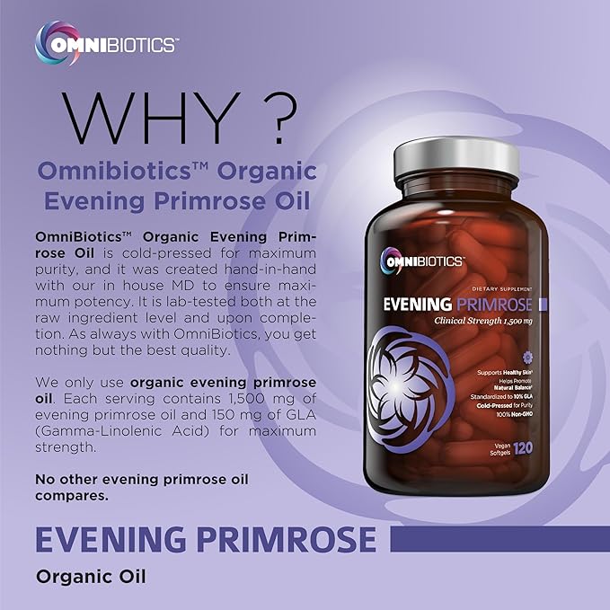OmniBiotics Organic Evening Primrose Oil for Women – Clinical Strength 1500mg per Capsule 10% GLA Cold-Pressed Non-GMO Hormone Balance for Women – 120 Vegan Softgel Capsules