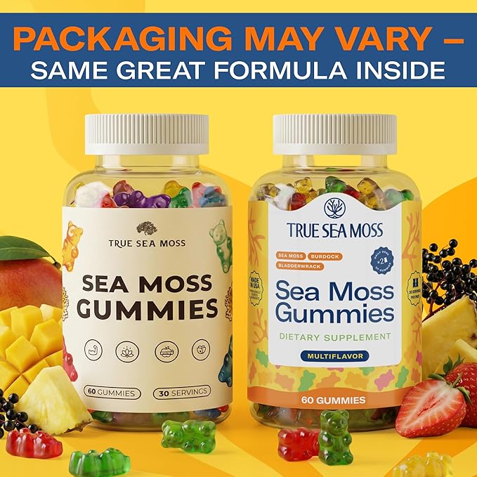 TrueSeaMoss Irish Sea Moss Gummies with Burdock Root &amp Bladderwrack – Formula for Adults &amp Kids – 60 Gummies (Packaging May Vary)