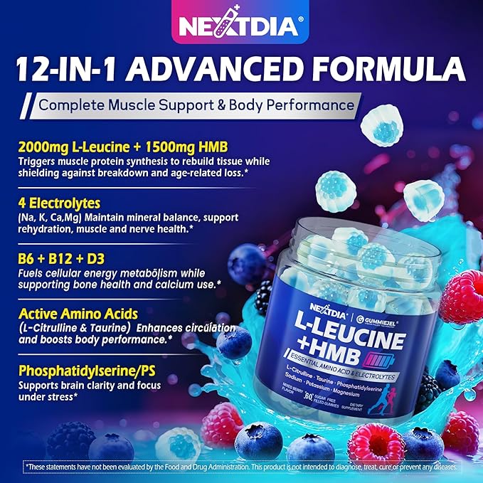 Hmb and L-Leucine Gummies Pre Work Essential Amino Acids EAA Supplements for Men &amp Women w/Branched-Chain Amino (BCAA) &amp 4 Hydration Electrolytes Taurine B12 &amp D3 for Fast Workout Reco