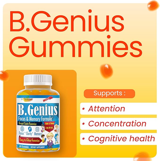 B.Genius Focus Gummies for Kids &amp Teens – Kids Focus and Attention Supplements – Memory &amp Concentration –Plant-Based Focus Supplement for Clarity Learning &amp Cognitive Health-60ct