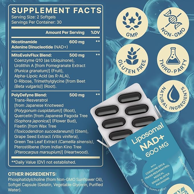 NAD+ Supplement 1600mg Extra Strength - Liposomal NMN Alternative with Resveratrol Urolithin A CoQ10 Quercetin &amp ALA - Mitochondrial Energy &amp Anti-Aging Cell Regeneration 60 Softgels