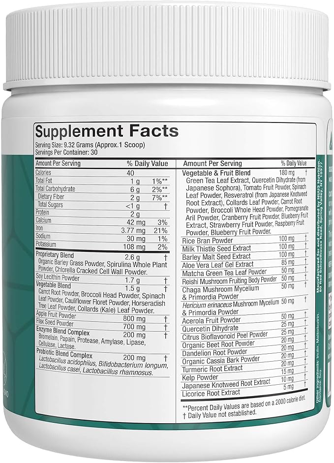 NUU3 Super Greens Superfoods + Probiotics - Immune Support Improved Energy &amp Gut Health Digestive Enzymes - Boosts Immunity - 30 Servings (Unflavored)