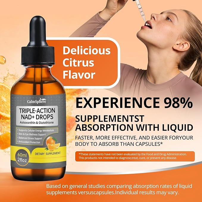 Advanced NAD+ Liquid Supplement - High Absorption Drops for Cellular Energy &amp Vitality Support - Supports Cognitive Health Focus &amp Natural Healthy Aging - Vegan Non-GMO 2 Fl Oz GMP Certifi