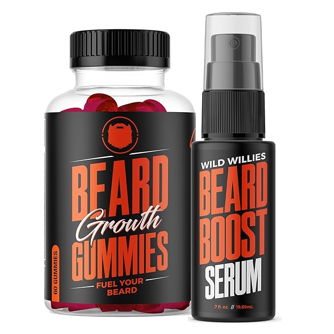 Wild Willies Beard Growth Dual Threat: Serum &amp Gummies for Men - Biotin Caffeine &amp Essential Growth Oil for Fuller Thicker Facial Hair