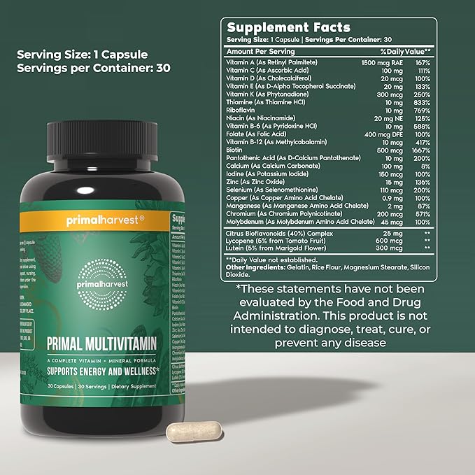 Primal Harvest Primal Multivitamin - Daily Multi-Vitamin Supplement with 21 Essential Vitamins &amp Minerals for Women &amp Men (2 Pack (30 Count))