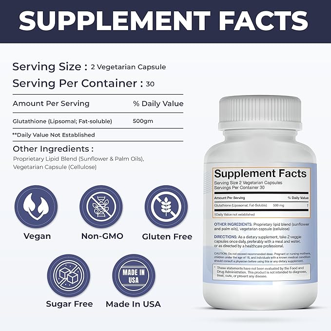 Liposomal Glutathione Non-GMO Gluten Free 500mg Supplement - May Provide Immune Support Liver Detox Brain Health and Heart Health - 60 Glutathione Capsules