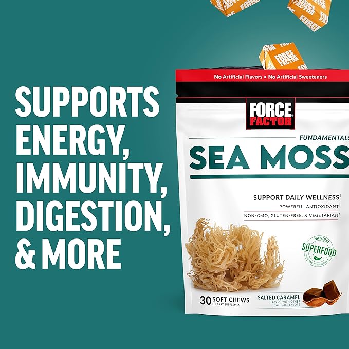 Force Factor Sea Moss Soft Chews Support Immunity Digestion and Heart Health Irish Sea Moss Superfood &amp Antioxidants Supplement Non-GMO Gluten-Free Salted Caramel Flavor 90 Soft Chews 3-P