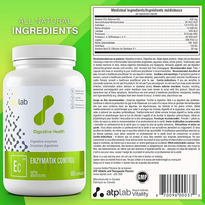 ATP LAB - Enzymatik Control 180 Capsules 90-Day Supply - Enhances Appetite and Supports Digestion - Contains Digestive Enzymes - Prevent Nausea and Increase Bile Flow