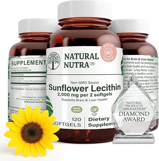 Natural Nutra Sunflower Lecithin 2000 mg Supplement Supports Breastfeeding Moms with Plugged Milk Duct Relief Liver &amp Brain Health Booster Soy Free Non-GMO Gluten-Free 120 Softgels (3 Pack)