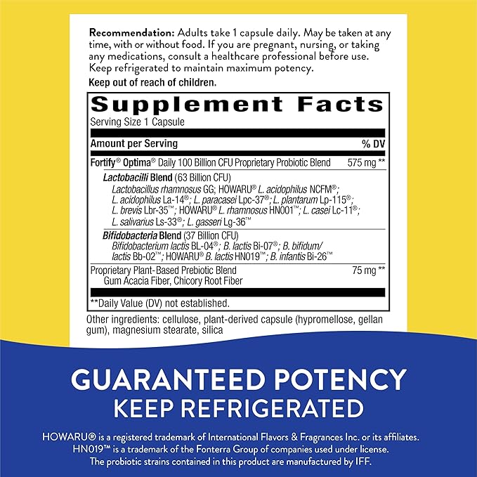 Nature's Way Fortify Optima Probiotic for Adults 100 Billion Live Cultures 15 Strains Supports Digestive and Immune Health* Plant-Based Prebiotic Fiber 30 Capsules (Packaging May Vary)