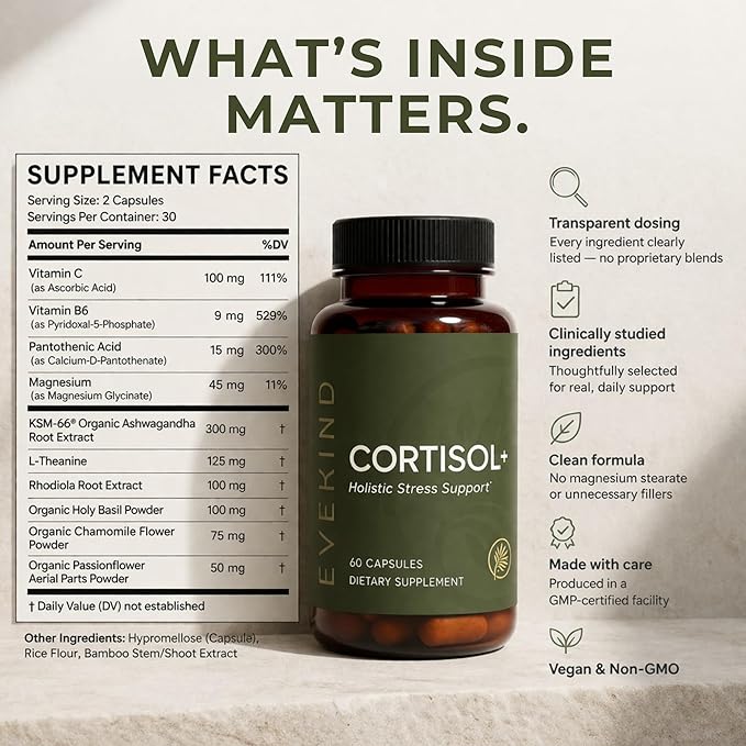 EVEKIND Cortisol Supplement for Women | Stress Support for Mood Energy &amp Hormone Balance | Calm Focus &amp Daily Reset | Adaptogen Blend with KSM-66® Ashwagandha Rhodiola L-Theanine | 60 Caps