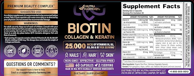 Biotin | Collagen | Hyaluronic Acid | Keratin - Support Normal Hair Growth Cycle Skin &amp Nails - Clinically Tested - 25000mcg Vitamins B1 B2 B3 B6 &amp B7 - for Women &amp Men - Made in USA |