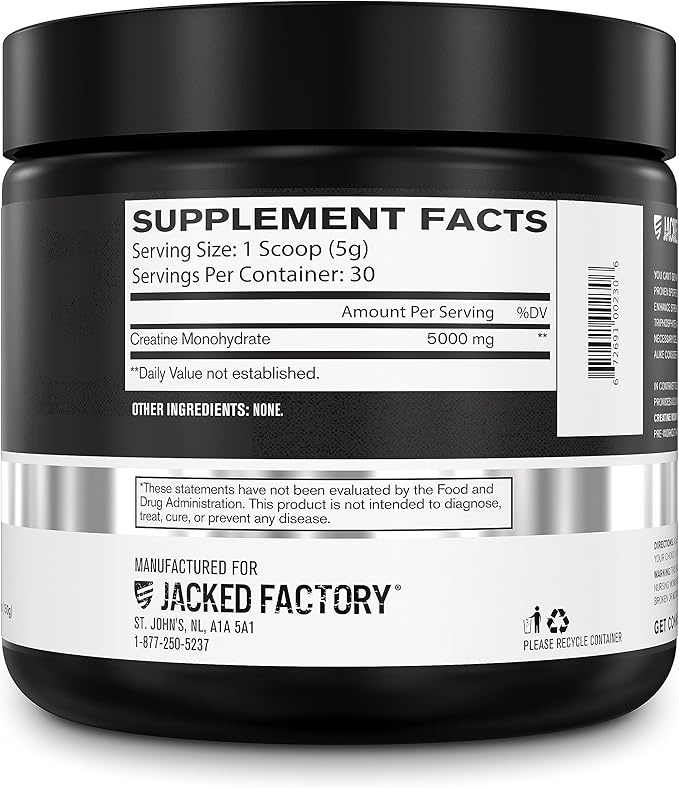 Jacked Factory Creatine Monohydrate Powder 150g - Creatine Supplement for Muscle Growth Increased Strength &amp Essentials Muscle Builder - Daily Muscle Builder with PeakATP (30 Capsules)