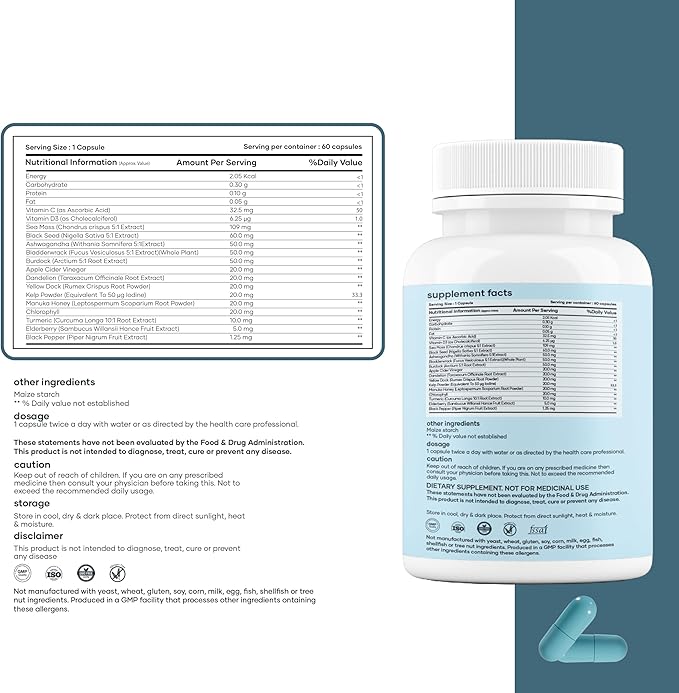 Mars Sea Moss Caps Surge Natural (60N) | Packed with 84 Essential Minerals | Powered with Black Seed Oil Surgemax &amp Vitamin D3 | Overall Well-Being - Pack of 1