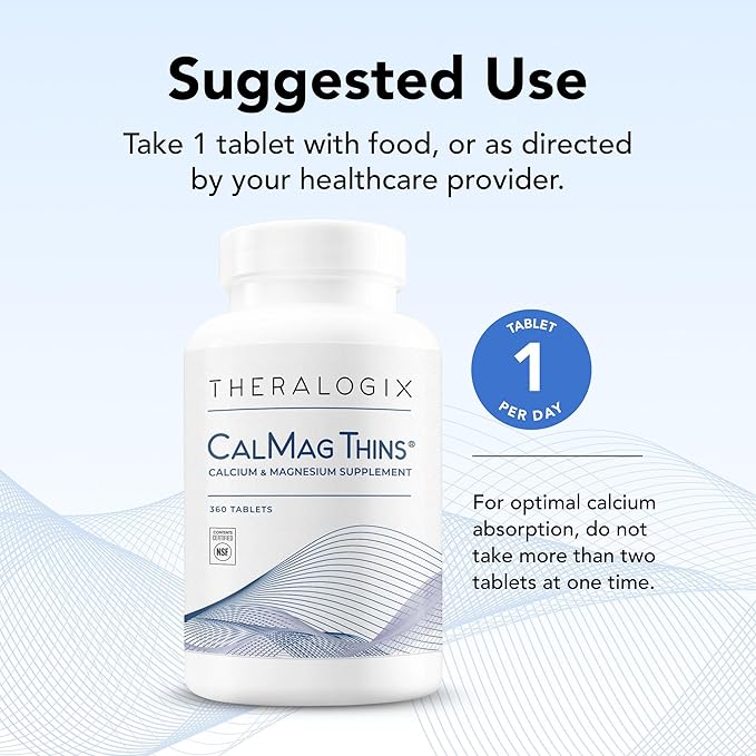 Theralogix CalMag Thins Calcium &amp Magnesium Supplement - Bone Support Supplement for Women &amp Men - Contains 200 mg of Calcium and 50 mg of Magnesium - NSF Certified - 360 Tablets