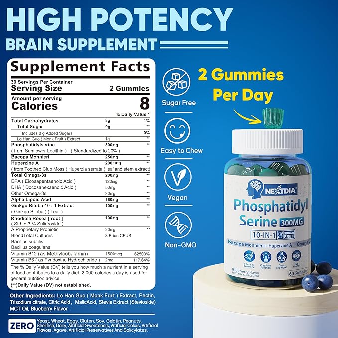 Vegan Omega 3 Gummies 1 Pack + Phosphatidylserine Gummies Sugar Free 2 Pack