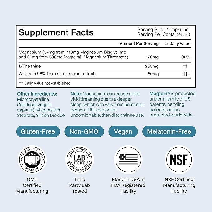 Magnesium Supplement - Magnesium Threonate Chelated Magnesium Bisglycinate L-Theanine &amp Apigenin - Rest Assist - Powerful Blend for Restful Nights - 120 Capsules