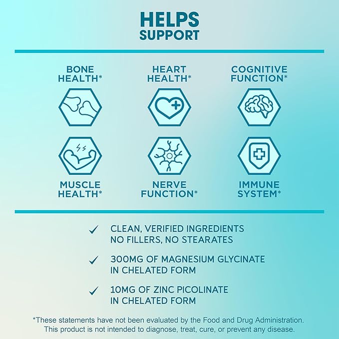 BioEmblem Magnesium Glycinate with Zinc - 300mg Chelated Magnesium Supplement - High Absorption Vegan Non-GMO 2-in-1 Complex - Immune Support Muscles Nerves - 90 Capsules
