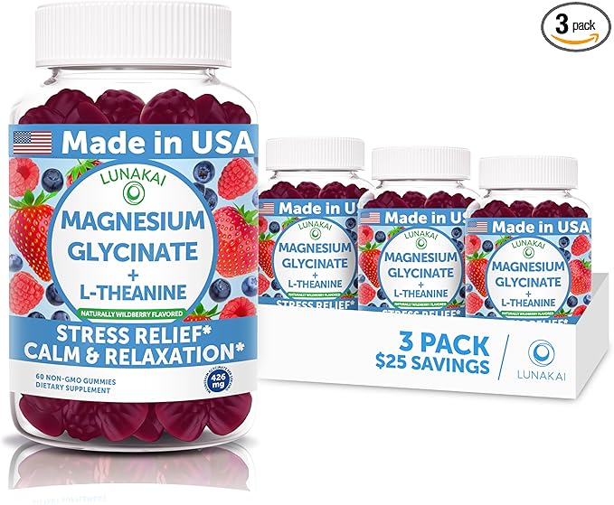 Lunakai USA Made Magnesium Glycinate Gummies 426mg with L-Theanine – Calm Sleep Stress Relief for Adults &amp Kids Non-GMO Vegan - 3 Pack