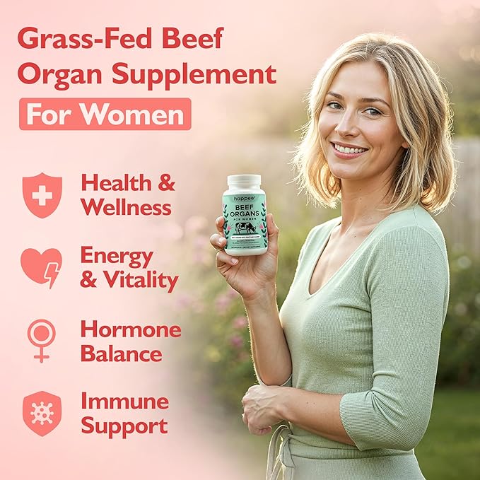 Happee Grass Fed Beef Organ Supplement for Women - Beef Liver Heart Kidney Ovary &amp Uterus Blend - Hormone Balance Energy &amp Cycle Support - 90 Capsules