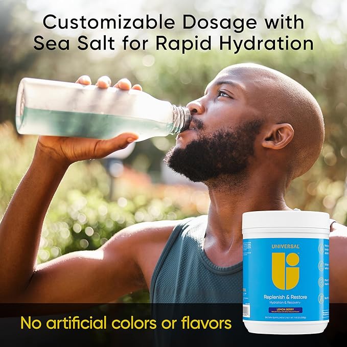 Universal U Replenish &amp Restore Powder Hydration &amp Recovery Promotes Muscle Repair and Growth Custom Dosing L-Lysine L-Glutamine L-Tryptophan No Artificial Flavors 30 Servings (Lemon B