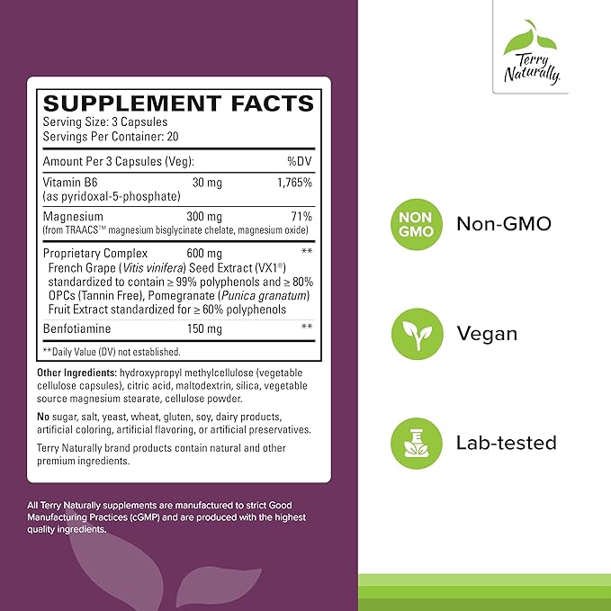 Terry Naturally Clinical OPC Heart - Heart Health Supplement with Magnesium Vitamin B6 Grape Seed Extract - Dietary Supplement for Artery Health &amp Circulation - 60 Capsules