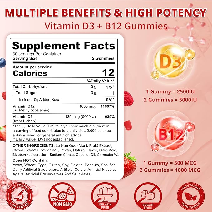 NEVISS Vegan Vitamin D3 + Vitamin B12 Gummies High Potency D3 5000IU &amp 1000 mcg Methylated B12 Vitamin D3 and B12 for Adults Support Bone Health Immune &amp Energy Supplement 60 Count