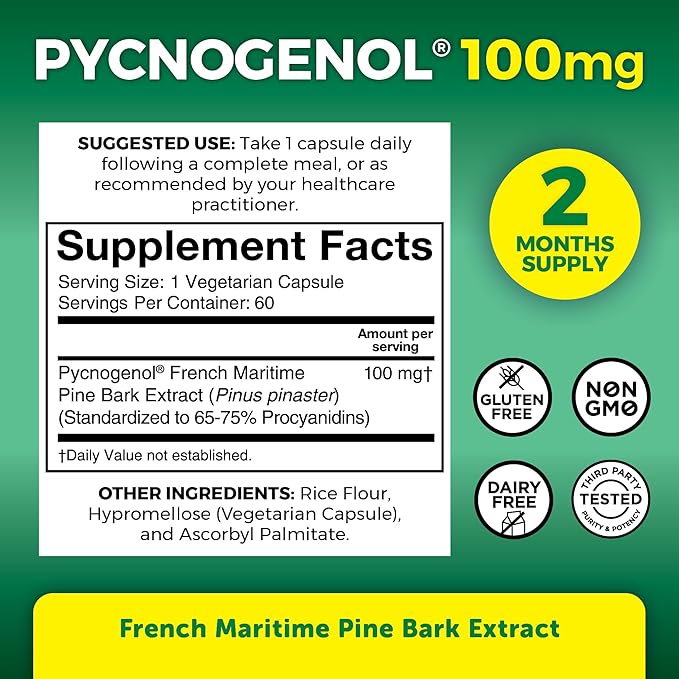 Viva Naturals Pycnogenol - 100mg French Maritime Pine Bark Extract – Supports Circulation Antioxidant-Like Activity Joints &amp Immune Health and Function – 60 Veggie Capsules