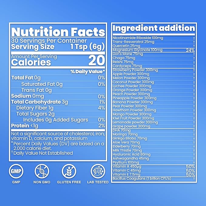 Superfruit Longevity Mix 36 in 1 Magnesium Glycinate Mushrooms Nicotinamide Riboside – Calm Skin &amp Anti-Aging Support | Probiotics 15 Fruits | No Sugar Added Vegan Gluten Free 30 servings