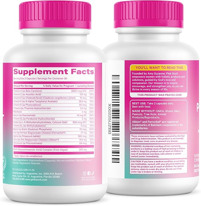 Pink Stork Total Postnatal Vitamins for Women with Vegan DHA Iron Folate and Vitamin B12 Postpartum Recovery Essentials Daily Supplement for Breastfeeding Moms - 3 Month Supply