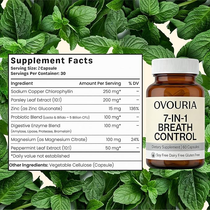Ovouria Breath and Gut Balance - 7-in-1 Breath Control Targets Bad Breath at The Gut Root Natural Ingredients with Probiotics Vegan Gluten-Free 60 Capsules(1pc)