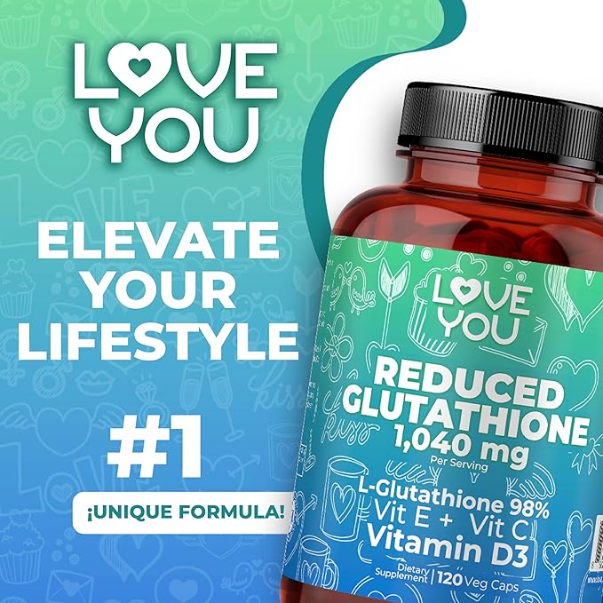 Love You Reduced Glutathione 98% Purity 1040 mg + Vitamin C E &amp D3 - Intracellular Antioxidant - Supports Detoxification &amp Immune Function - 120 Veggie Caps 30 Servings