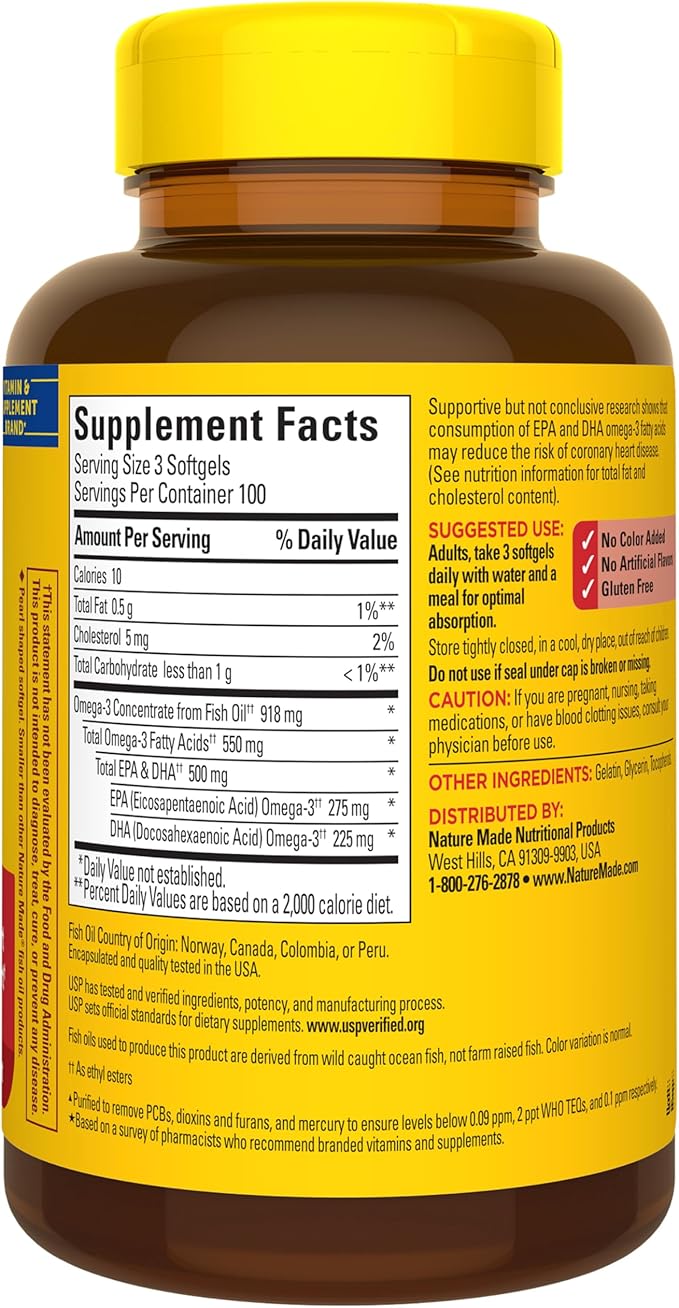 Nature Made Omega 3 Fish Oil Supplements 550mg Per Serving Fish Oil Omega 3 Supplements as Ethyl Esters for Healthy Heart Support 300 Softgels 100 Day Supply