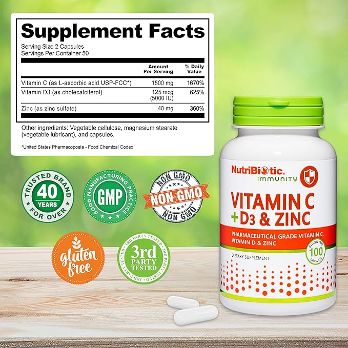 NutriBiotic – Vitamin C + Vitamin D3 &amp Zinc 100 Capsules | Potent Comprehensive Immune Support | Essential &amp Antioxidant Daily Supplement | Gluten &amp GMO Free (Pack of 2)