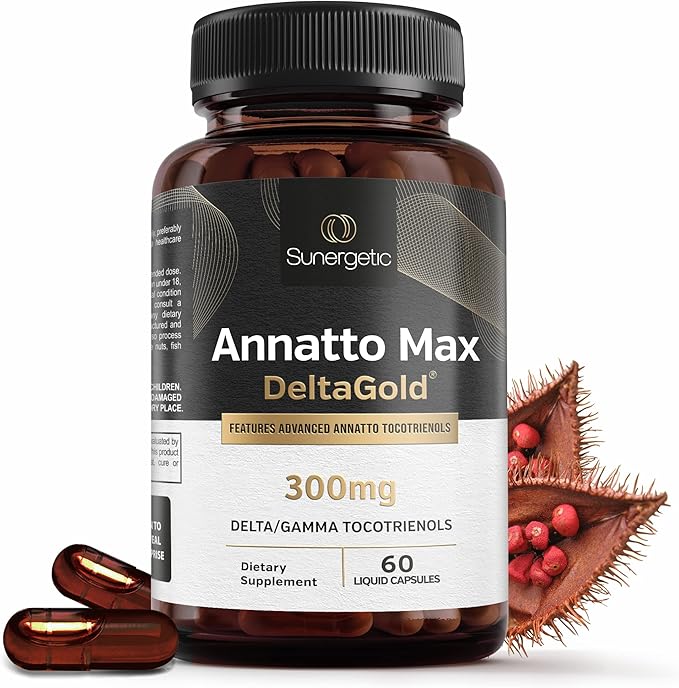 Sunergetic Premium Annatto Tocotrienol Supplement – with DeltaGold – Tocotrienols Vitamin E 300 mg – Supports Liver Immune &amp Heart Health - Delta + Gamma Tocotrienols (60 Liquid Capsules)