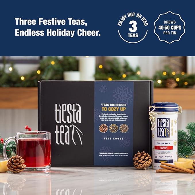 Tiesta Tea - Holiday Loose Leaf Tea Gift Set High to Non-Caffeinated Holiday Blends 3 Tins of Hot &amp Iced Brews Variety Pack Fireside Spice Peppermint Cocoa &amp Cocoa Mocha
